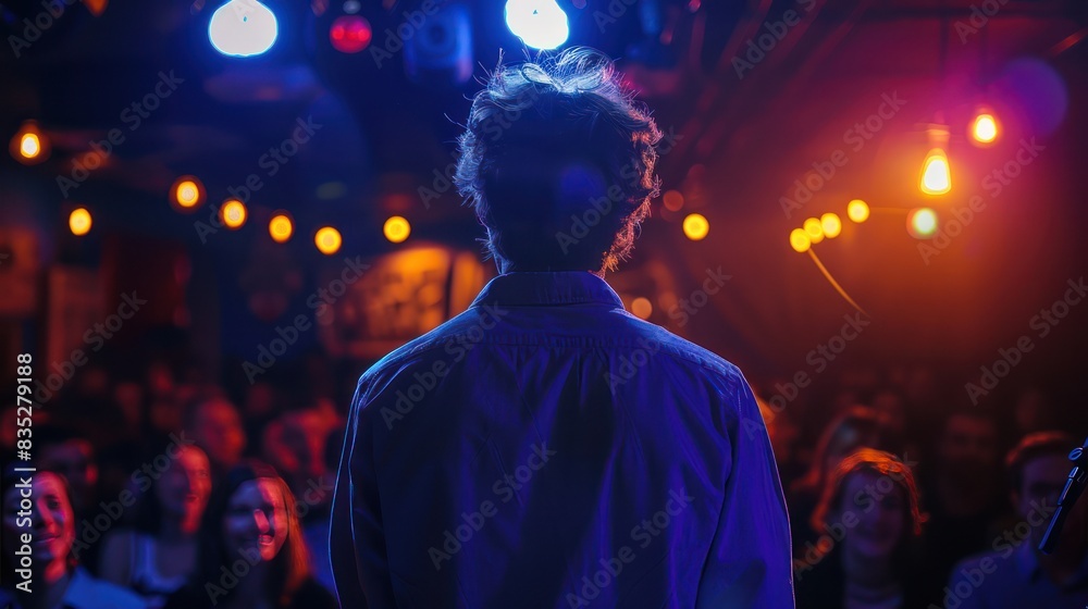 View from behind of a man performing on stage with a large audience, singer and stand up theme. View from behind of a man performing on stage with a large audience, singer and stand up theme.