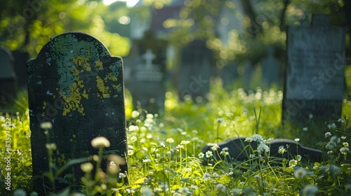 Antique Headstones in a Shallow Depth of Field Graveyard: A Testament to Eternal Rest photo