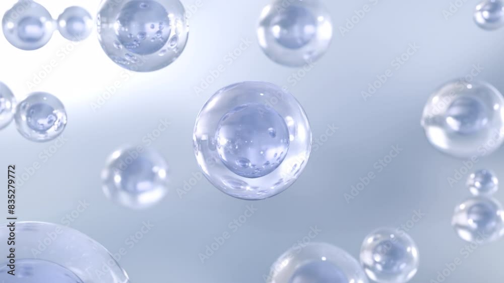Cosmetics 3D animation of many atoms floating in water. Liquid bubbles with particles, cosmetic essence, and water background. Cosmetics 3D animation of many atoms floating in water. Liquid bubbles with particles, cosmetic essence, and water background.