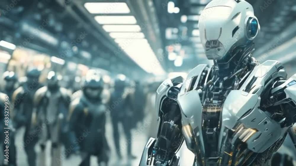A futuristic robot stands out in a crowded subway station amidst an ...