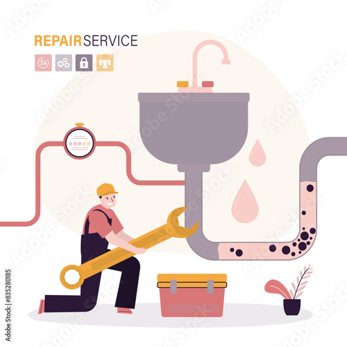 Old sewerage. Broken water supply. Water leak. Repairman uses wrench and fix blockage in water supply pipes. Handyman repairing plumbing.