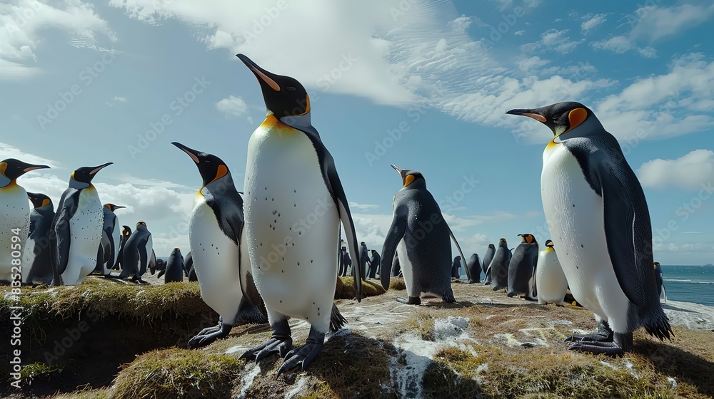 Fototapeta premium Attractive King & Gentoo penguin colony at Volunteer Point, Falkland Islands