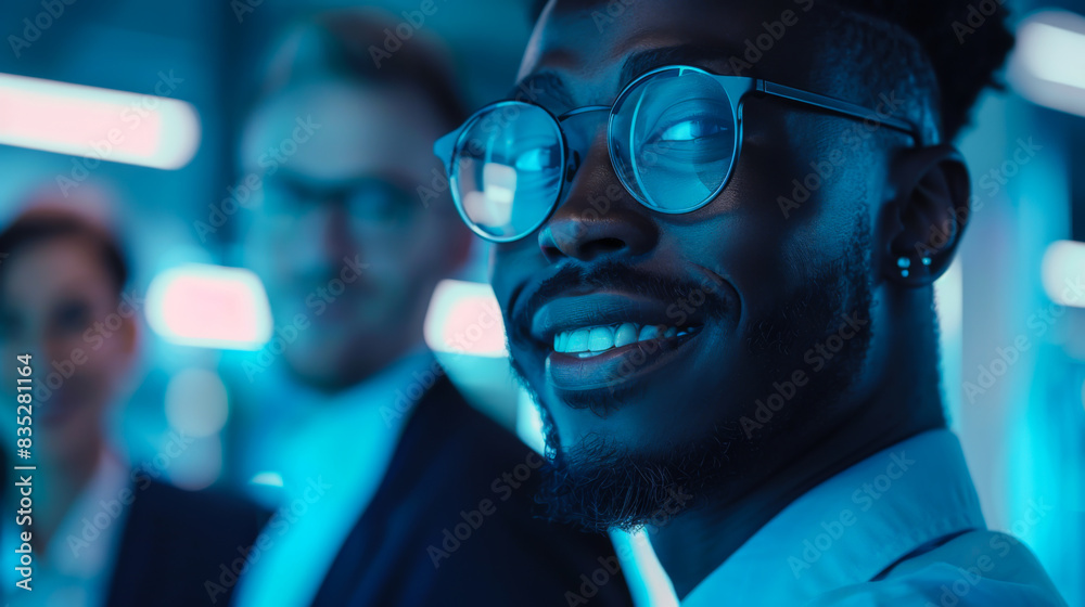 Young employee in office clothes and glasses in a modern office. Happy men looking at camera indoors. Concept of office employees, teamwork.