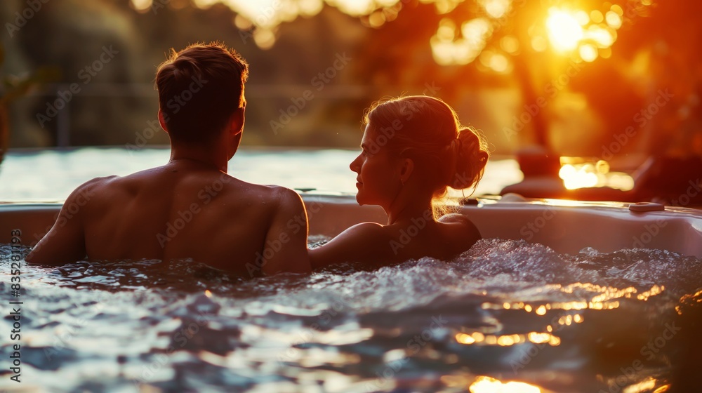 A couple enjoys a romantic moment in a hot tub during sunset, with warm orange sunlight reflecting on the water.