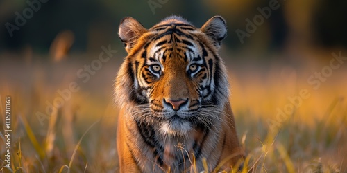 Bengal tiger in grass field stare to camera, hunting distinct animal in nature,  © QuietWord
