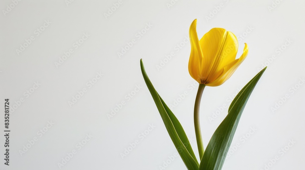 A vibrant yellow tulip with a green stem and leaves, sharply contrasting with a white background A vibrant yellow tulip with a green stem and leaves, sharply contrasting with a white background