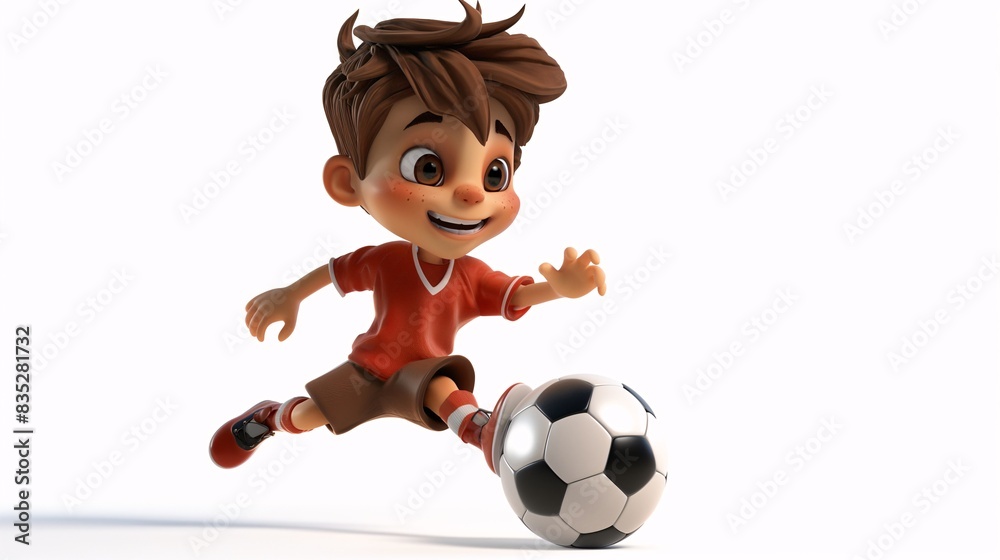 3D cartoon boy kicking a football, dressed in a full soccer kit 3D cartoon boy kicking a football, dressed in a full soccer kit