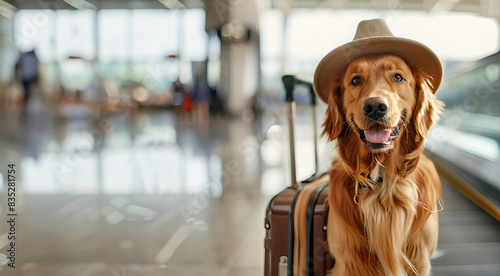 Dog in a hat with a suitcase at the airport, summer vacation, copy space