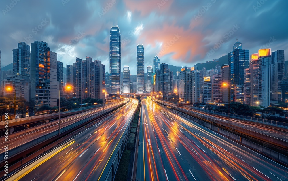 Fototapeta premium A vibrant city skyline at dusk with light trails and skyscrapers