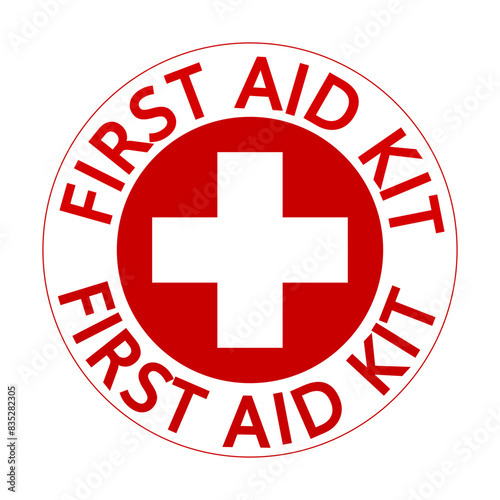 First aid kit, red and white information sign with symbol and curved text. Circle shape, sticker.