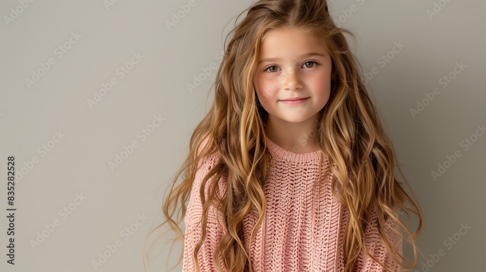 young girl with long, wavy brown hair, wearing a pink knit sweater and light pink shorts, against a plain studio backdrop young girl with long, wavy brown hair, wearing a pink knit sweater and light pink shorts, against a plain studio backdrop