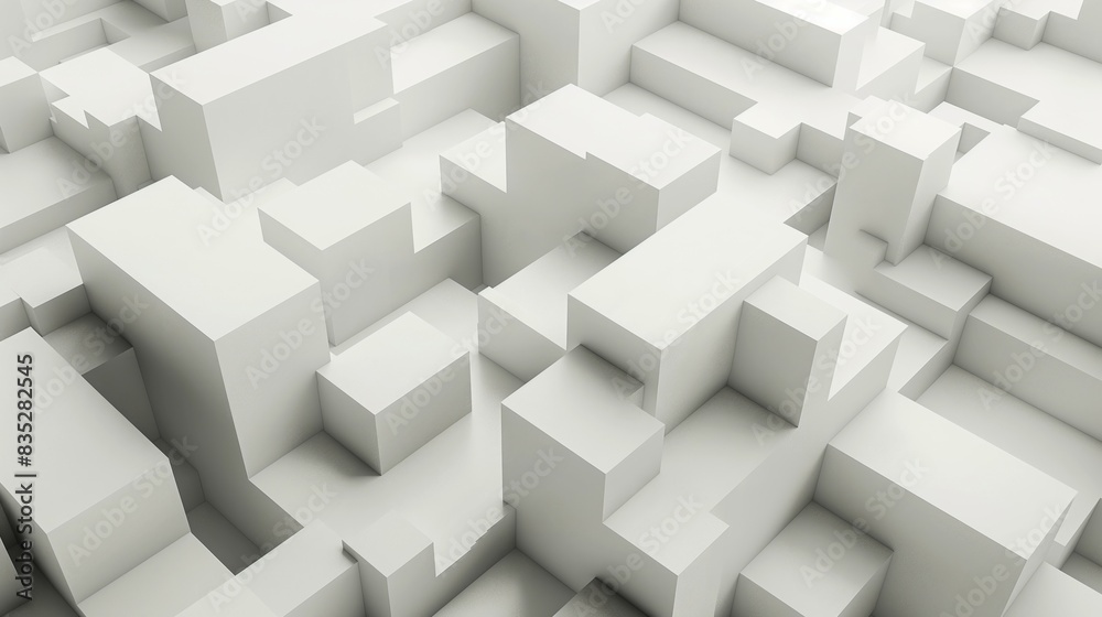 Abstract image showcasing a grid of white, geometric blocks forming a modern, minimalist cityscape or architectural model. Abstract image showcasing a grid of white, geometric blocks forming a modern, minimalist cityscape or architectural model.