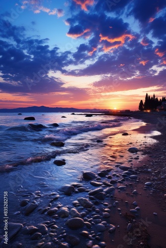 A scenic sunset over the sea with a rocky beach