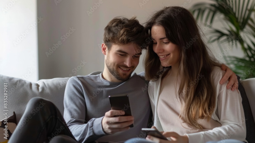 A man and woman are seated on a couch, both focused on a cell phone screen in their hands. A man and woman are seated on a couch, both focused on a cell phone screen in their hands.