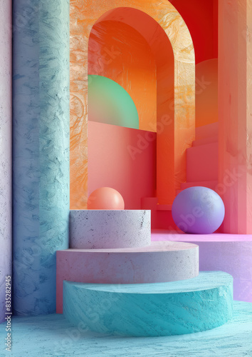 podium made of abstract geometric shapes, background for photo, product photography, stand, design, wallpaper, architecture, interior, studio, decor, figure, arch, cube, light, advertisement, 3d, form © Julia Zarubina