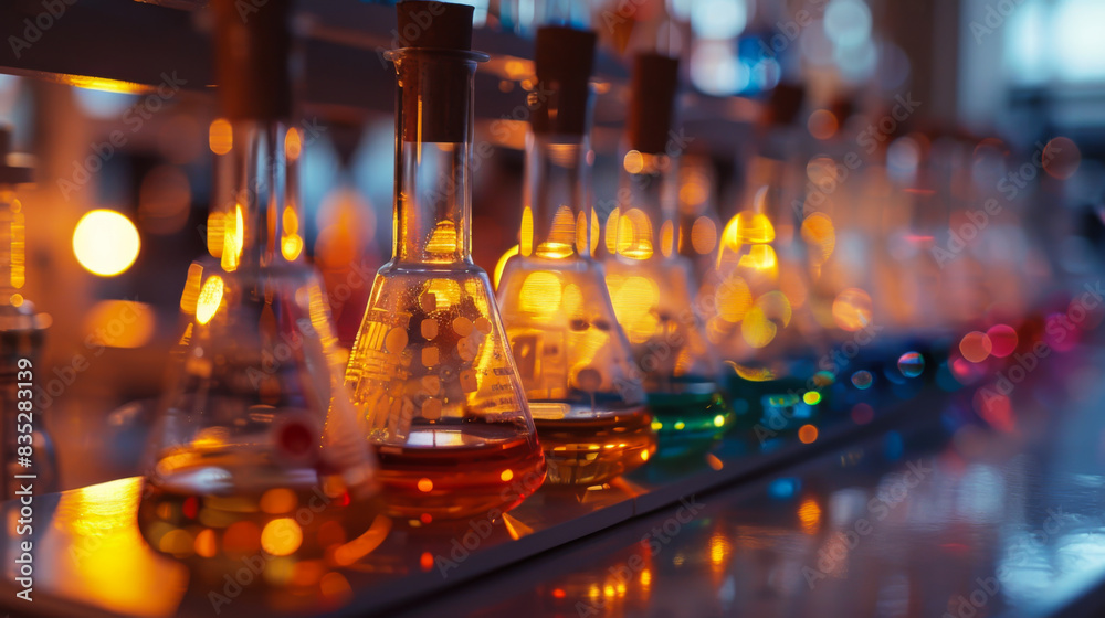 Close-up of test tubes with liquid. Transparent jars in a modern laboratory with yellow liquid. Laboratory experiments concept, chemistry and science. Close-up of test tubes with liquid. Transparent jars in a modern laboratory with yellow liquid. Laboratory experiments concept, chemistry and science.