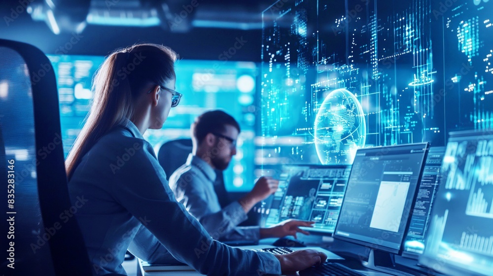 Professionals in a futuristic control room work on multiple computer screens displaying digital data and a holographic globe. Professionals in a futuristic control room work on multiple computer screens displaying digital data and a holographic globe.