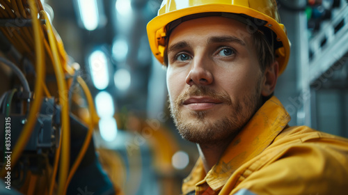 A male worker in a helmet at work at a factory. A young electrician is at his workplace and looking at the camera. Concept of work, industry. © Alina Tymofieieva