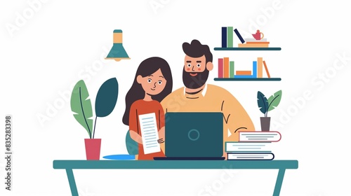 Illustration of a man and woman working together at a desk with a laptop, books, and plants in a cozy home office setting.