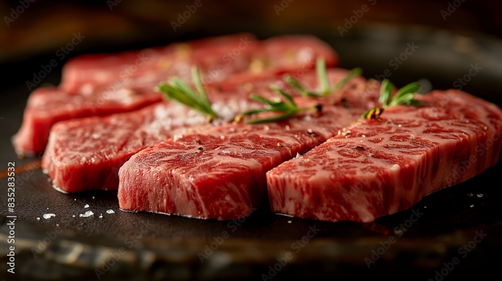 Wagyu beef sliced on black background Wagyu beef sliced on black background