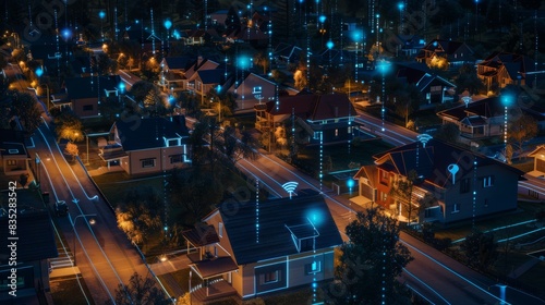 Digital community  smart homes and digital community. DX  Iot  digital network in society concept. suburban houses at night with data transactions. Hand edited generative AI.