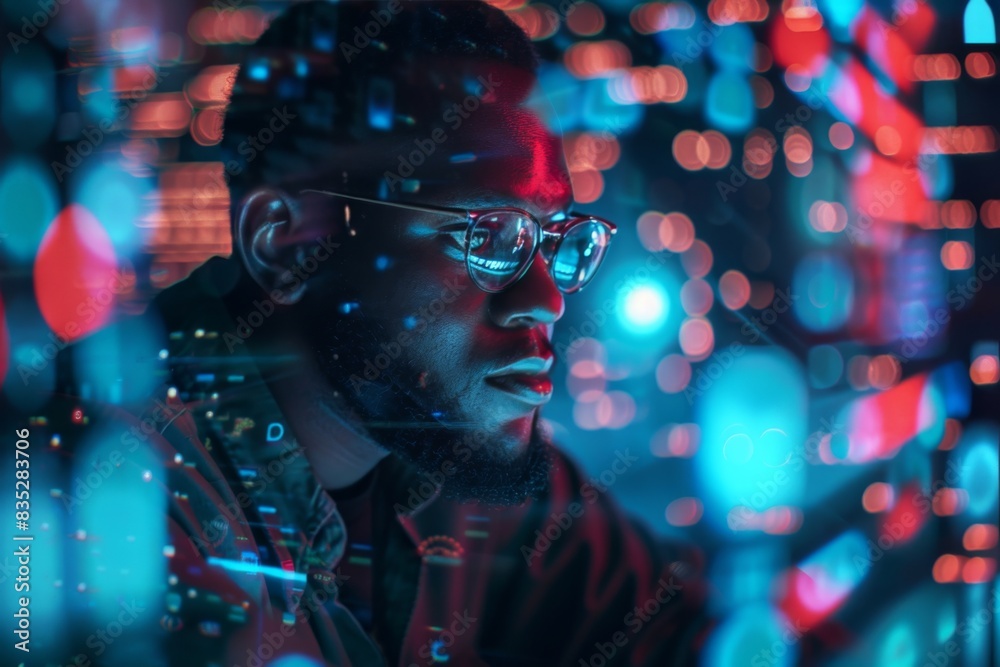 Dynamic image of an individual surrounded by a shimmering bokeh effect in multicolored lighting Dynamic image of an individual surrounded by a shimmering bokeh effect in multicolored lighting