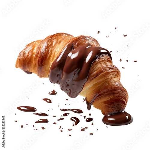 creamy chocoloate croissant chocolate floating in the air on an isolated white background photo