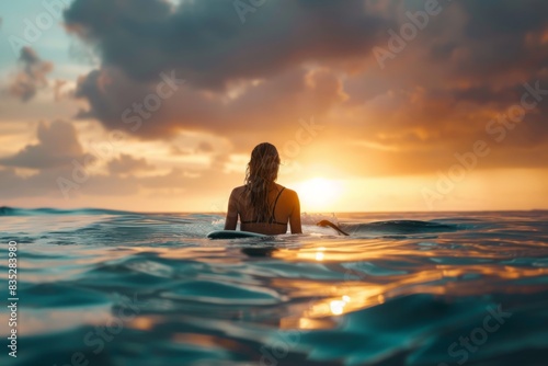 A person on a surfboard enjoying the ocean waves at sunset  capturing the essence of tranquility