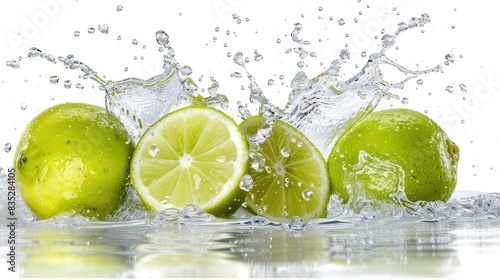 Lime and water splash isolated on white background