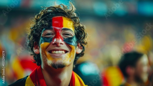 Happy Belgian male supporter with face painted in German flag german flag consists of A tricolour of black, yellow, and red, Belgian male fan at a sports event such as football or rugby match
