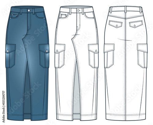 Cargo Skirt technical fashion illustration. Denim maxi Skirt fashion flat technical drawing template, zip up, pockets, front slit, front and back view, white, blue, women CAD mockup set.