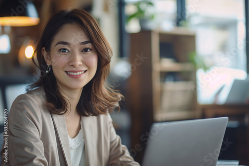 Free Download Confident young Japanese businesswoman smiling in a modern office, showcasing professional success and contemporary work culture - GFXLoad