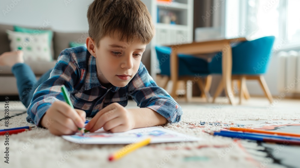 top view of boy drawing with crayons color stick top view of boy drawing with crayons color stick