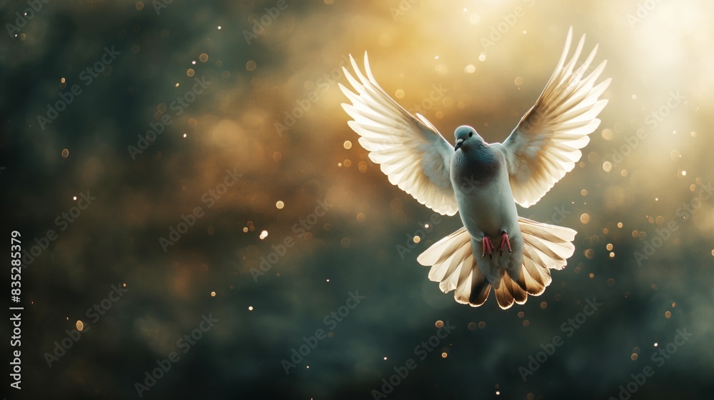 A white dove gracefully flying with open wings, illuminated by a warm, golden light with a blurred, bokeh background. A white dove gracefully flying with open wings, illuminated by a warm, golden light with a blurred, bokeh background.