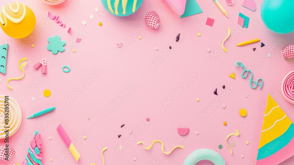 Playful and colorful flat lay of various party decorations on a pink background. Fun and festive celebration concept. Playful and colorful flat lay of various party decorations on a pink background. Fun and festive celebration concept.