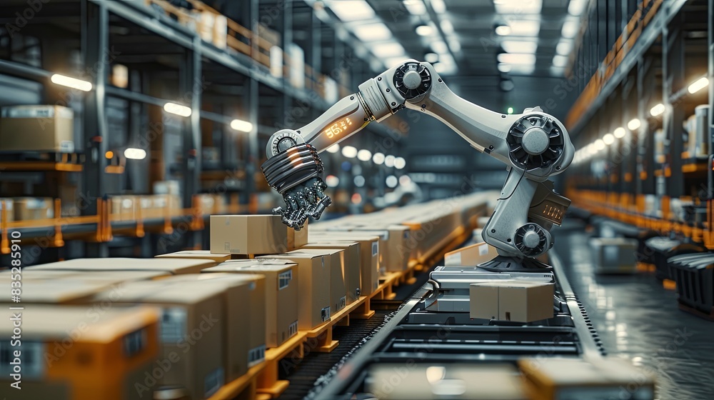 Robotic Arm for Packing in Modern Logistics System. Ultra HD 8K Resolution Image Showcasing Detailed, Elegant, and Accurate Design Elements for Efficient Production and Maintenance in Logistics. Robotic Arm for Packing in Modern Logistics System. Ultra HD 8K Resolution Image Showcasing Detailed, Elegant, and Accurate Design Elements for Efficient Production and Maintenance in Logistics.