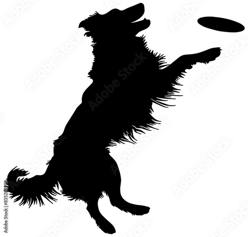 silhouette of a dog catching a flying disc in black, isolated 