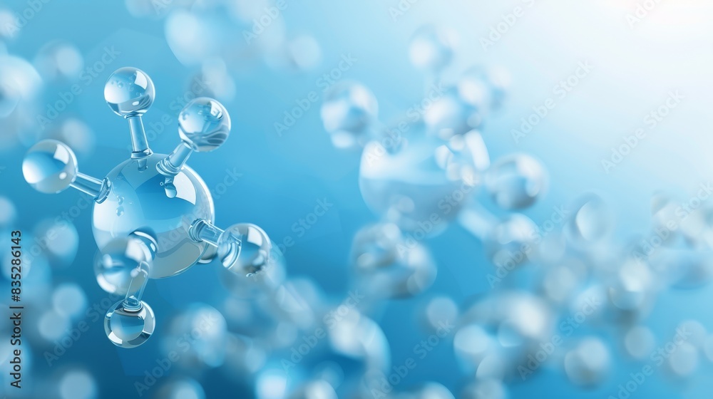 Abstract representation of molecular structures with shiny, transparent spheres on a blue background. Ideal for science, chemistry, and technology concepts. Abstract representation of molecular structures with shiny, transparent spheres on a blue background. Ideal for science, chemistry, and technology concepts.