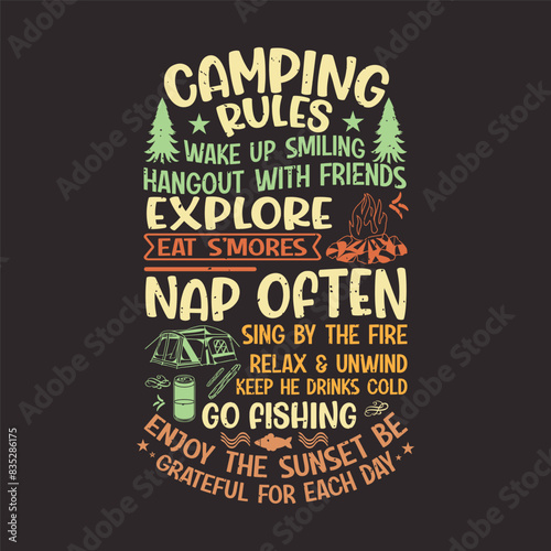 Camping rule explore nap often and enjoy sunset camping shirt with typography design, retro vintage, adventure vintage print design