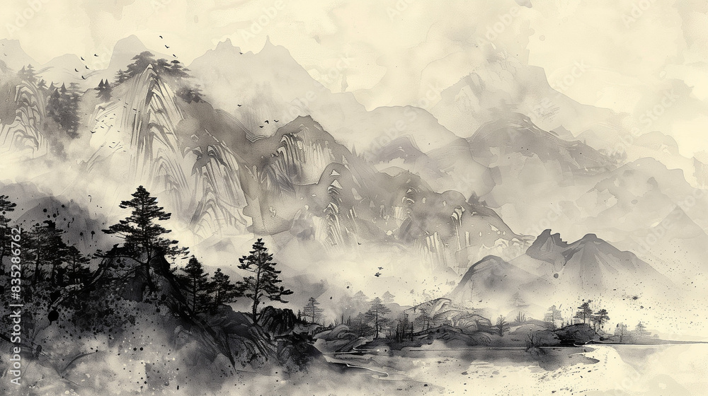 Chinese ink painting,Tranquil Ink Landscape: Monochrome Mountains and Pine Trees Chinese ink painting,Tranquil Ink Landscape: Monochrome Mountains and Pine Trees