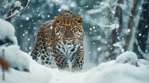 An Amur leopard walks through a snowy forest, showcasing its distinctive spots and intense gaze, epitomizing the beauty of wildlife in winter.
 photo