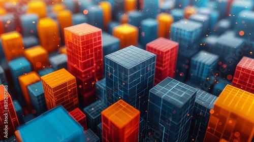 Colorful 3D pixel art cityscape with grid patterns and neon lighting effects in a digital world