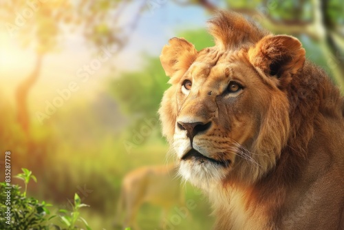 A lion staring into the distance with a green bush in the foreground and a blue sky with clouds in the background.