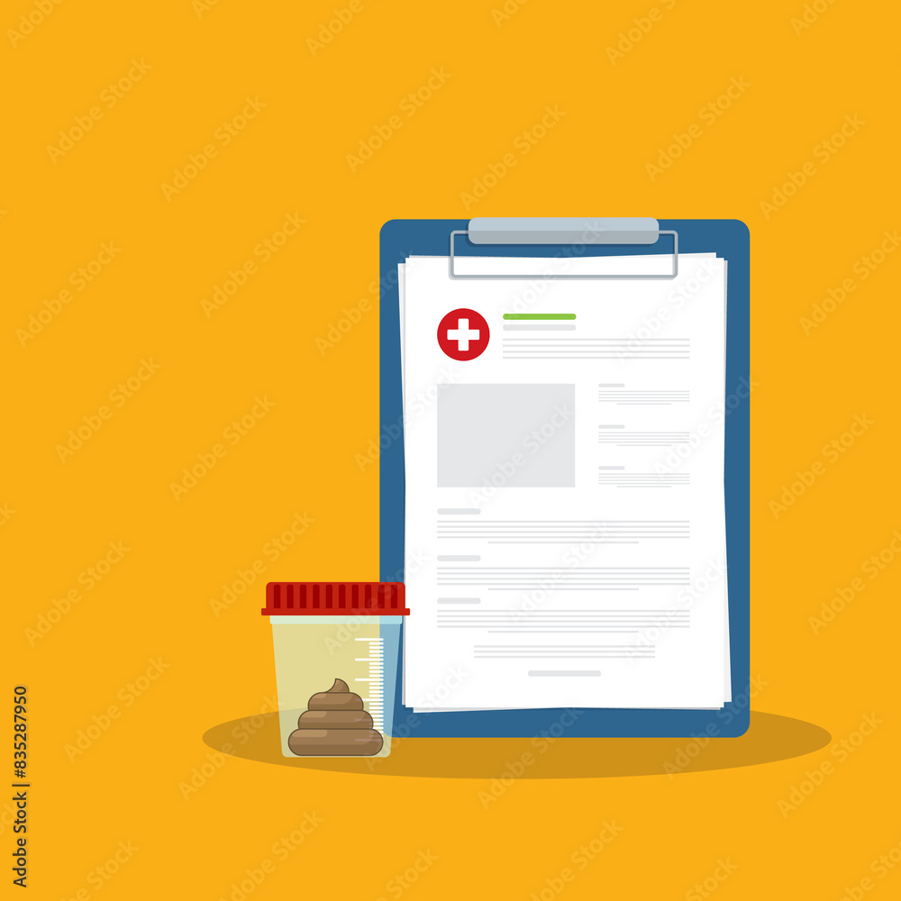 Stool analysis. Stool test feces icon. Stool sample in a plastic box and medical clipboard. Chemical laboratory analysis. Stool analysis. Stool test feces icon. Stool sample in a plastic box and medical clipboard. Chemical laboratory analysis.
