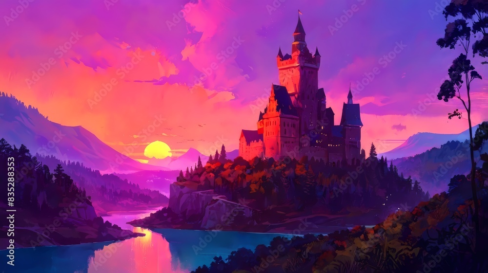 Abstract impressionism of fantasy castle sunrise sunset 