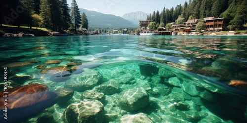 A serene mountain lake with crystal clear water and a view of buildings in the distance