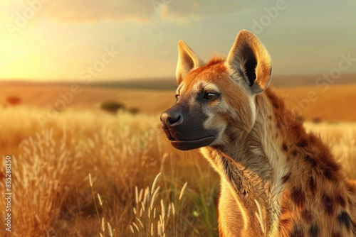 Hyena in the savanna against the background of yellow dry grass.
