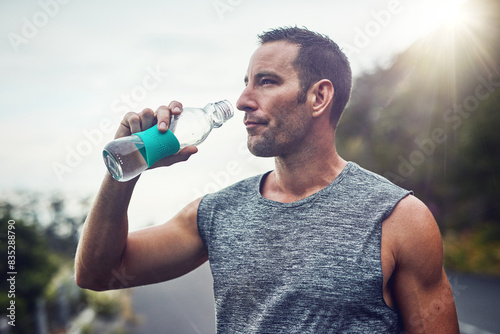 Tablou pe pânză Thinking, athlete and man drinking water on break to hydrate or relax for healthy energy in exercise