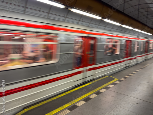 European Czech metro subway transit vehicle in motion - Subway Station