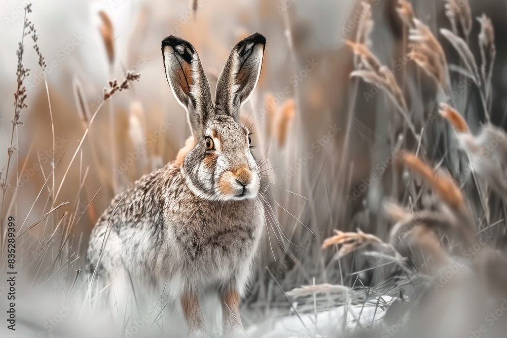 A brown hare stands in tall beige grass against a snowy background. A brown hare stands in tall beige grass against a snowy background.